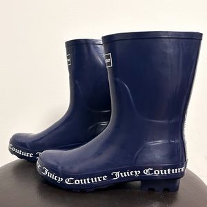 Juicy Couture Navy Blue Totally Mid Calf Rain Rubber Pull On Boots 10 White Logo